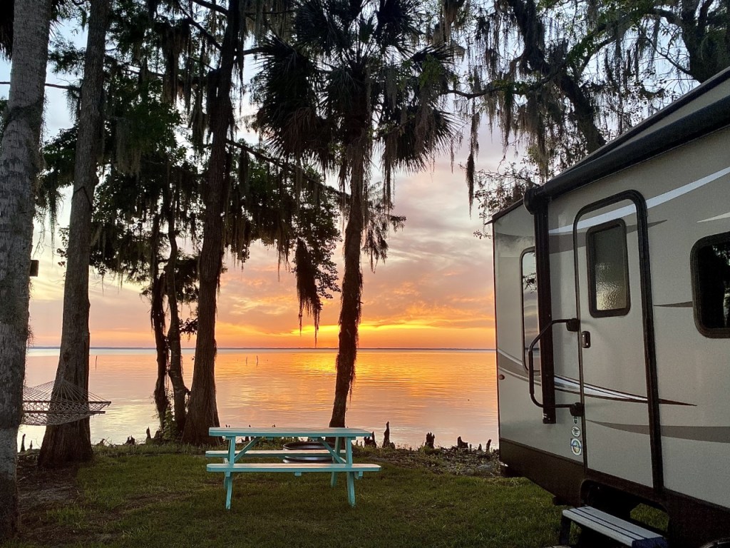 Epic sunset over Lake George from a lakefront RV site