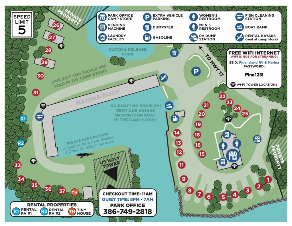 Pine Island RV Resort & Marina site map showing all RV sites, marina, camp store, and amenities
